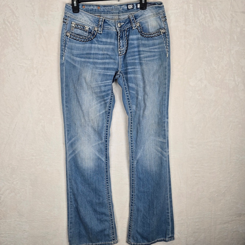 Miss Me Women 30 Relaxed Bootcut Jeans Thick Stitch Embellished Flap Pocket